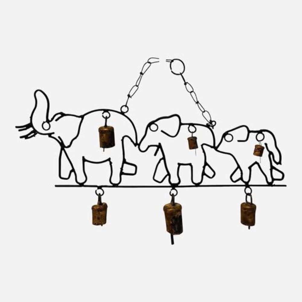 Unbranded Vintage Elephant Wind Chime Black Metal Wire Brass Bells Rustic Boho